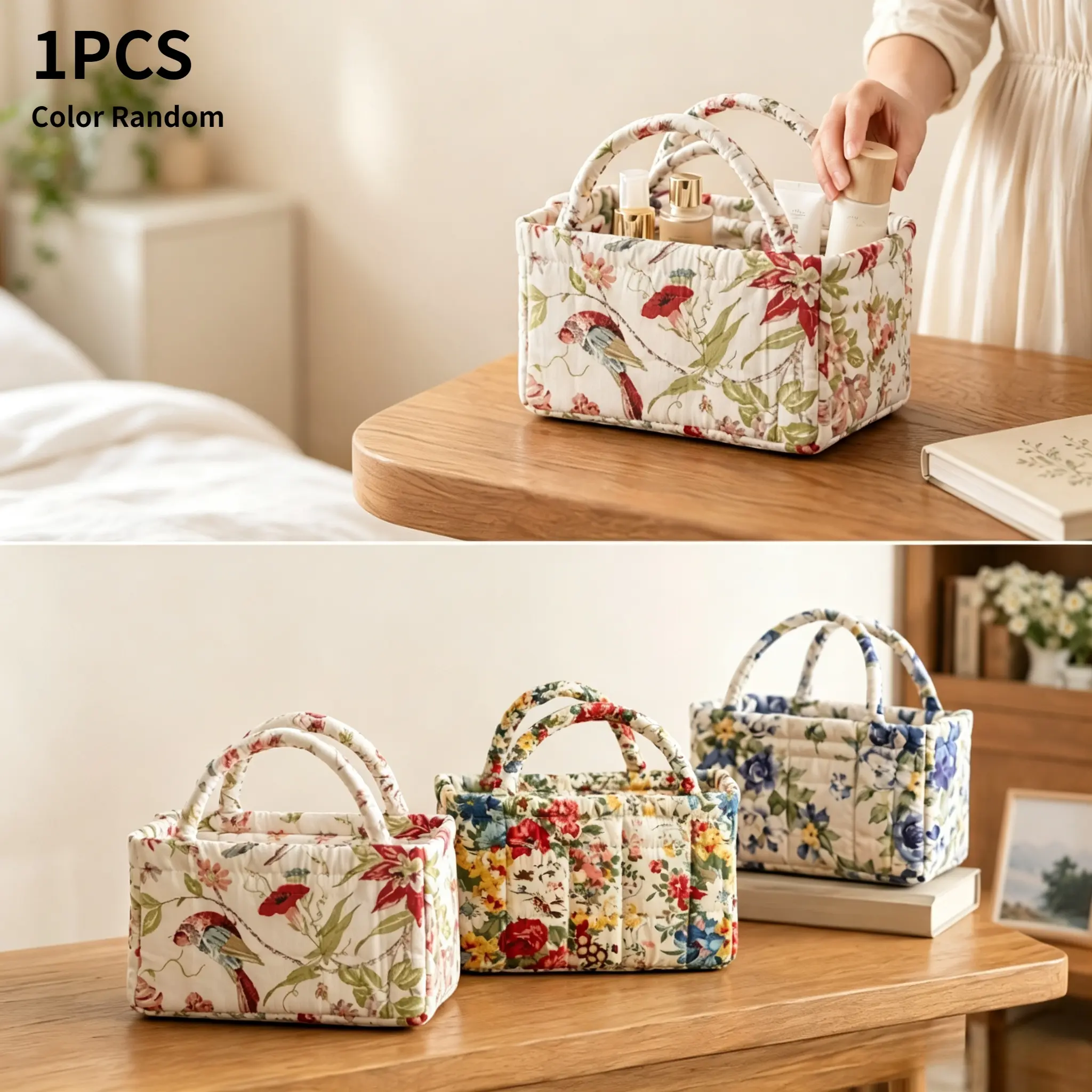 Rural style floral fabric storage basket with quilted soft cushion cover, large capacity sorting basket, desktop dressing table, wardrobe storage, coffee capsule storage, dormitory decoration, gift basket
