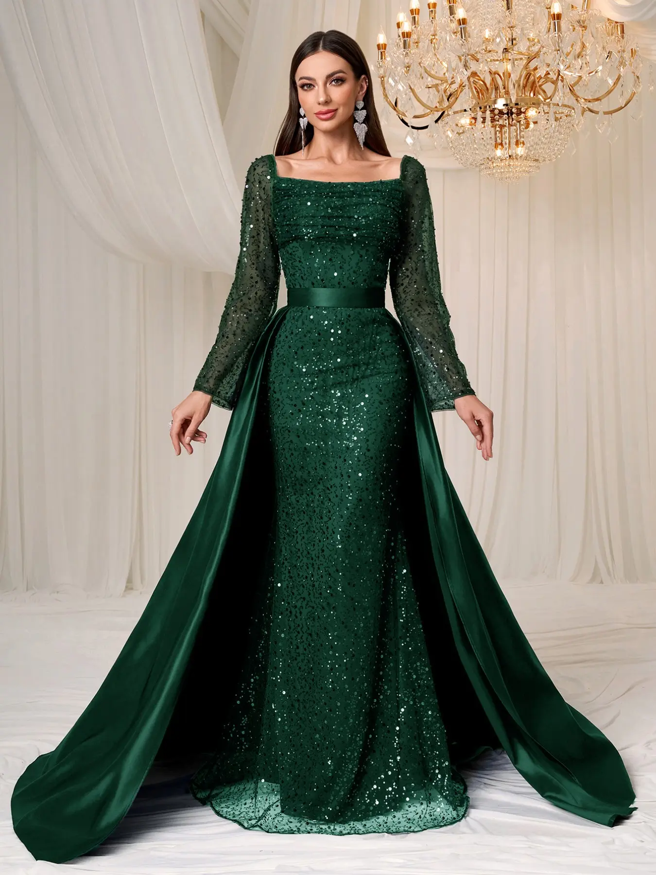 Elegant Luxurious Satin Mesh Colorblock Sequin Square Neck Long Sleeve Dress, Perfect for Birthday Parties, Wedding Guests, Graduation Dinners