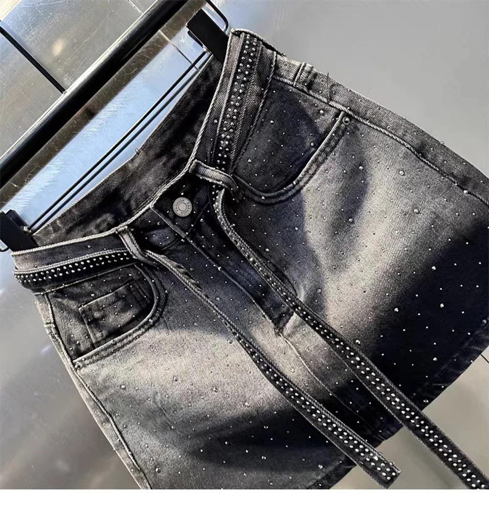 Oversize Retro Diamond Denim Mini Skirt for Women Summer High Waist Shiny Rivet Slim Skirts Gradient Black Grey Jean Skirts, Womenswear Bottom Palda Basic Minimalist