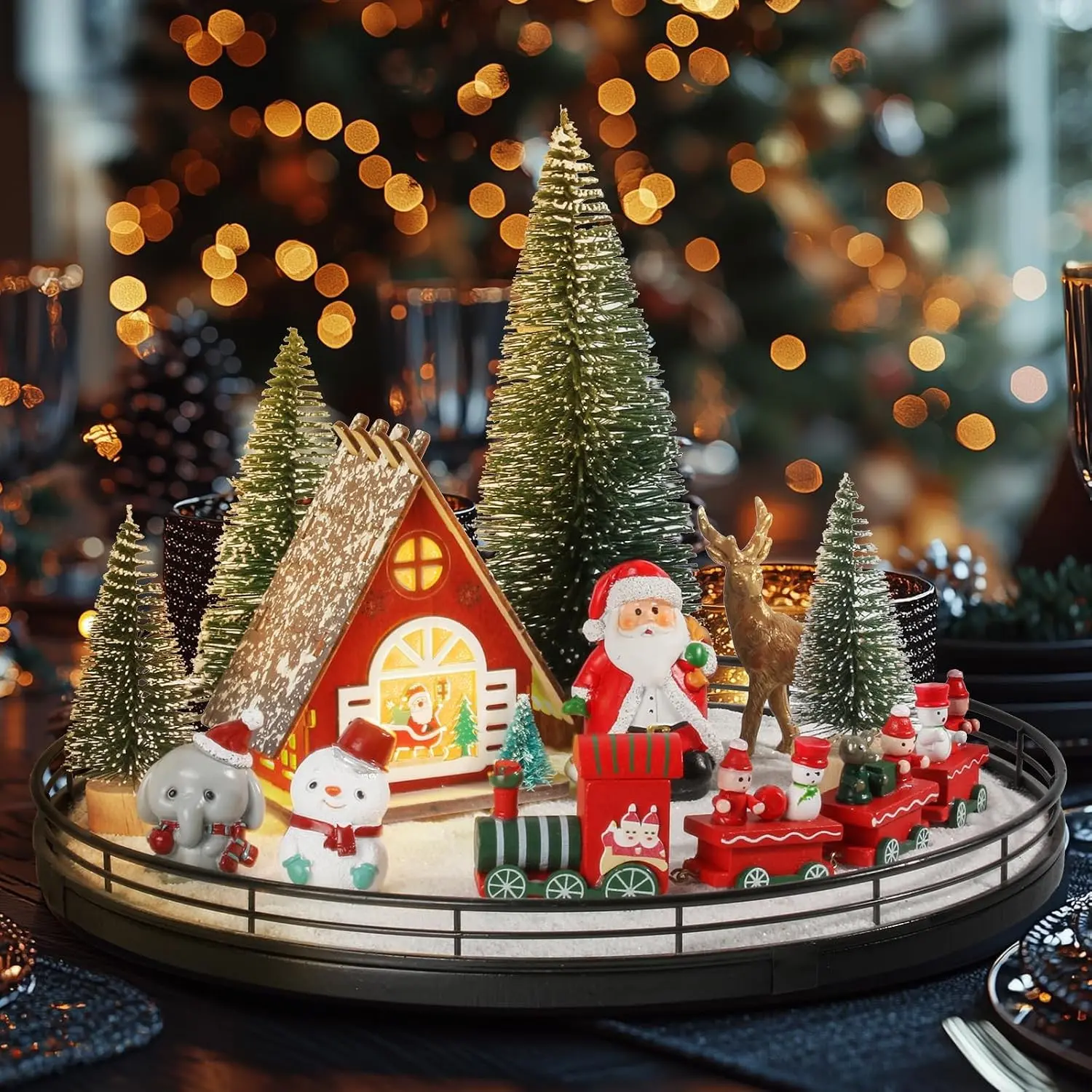 Oroyutor 12 Pcs Christmas Village Set, 13" Oak Wooden Lazy Susan with Santa Train, House & Trees, Indoor Christmas Centerpiece Decor for Holiday Coffee Table, Dining Table, Mantel Decor