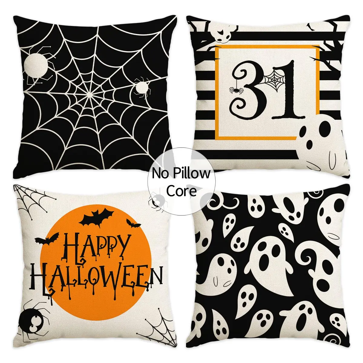 4pcs Halloween Happy Cushion Covers 18x18inch, featuring ghost bat spider spider web pattern, eerie orange and black decorative sofa cushion covers, suitable for autumn Halloween indoor and outdoor decorationPillow Cover (without pillow core)