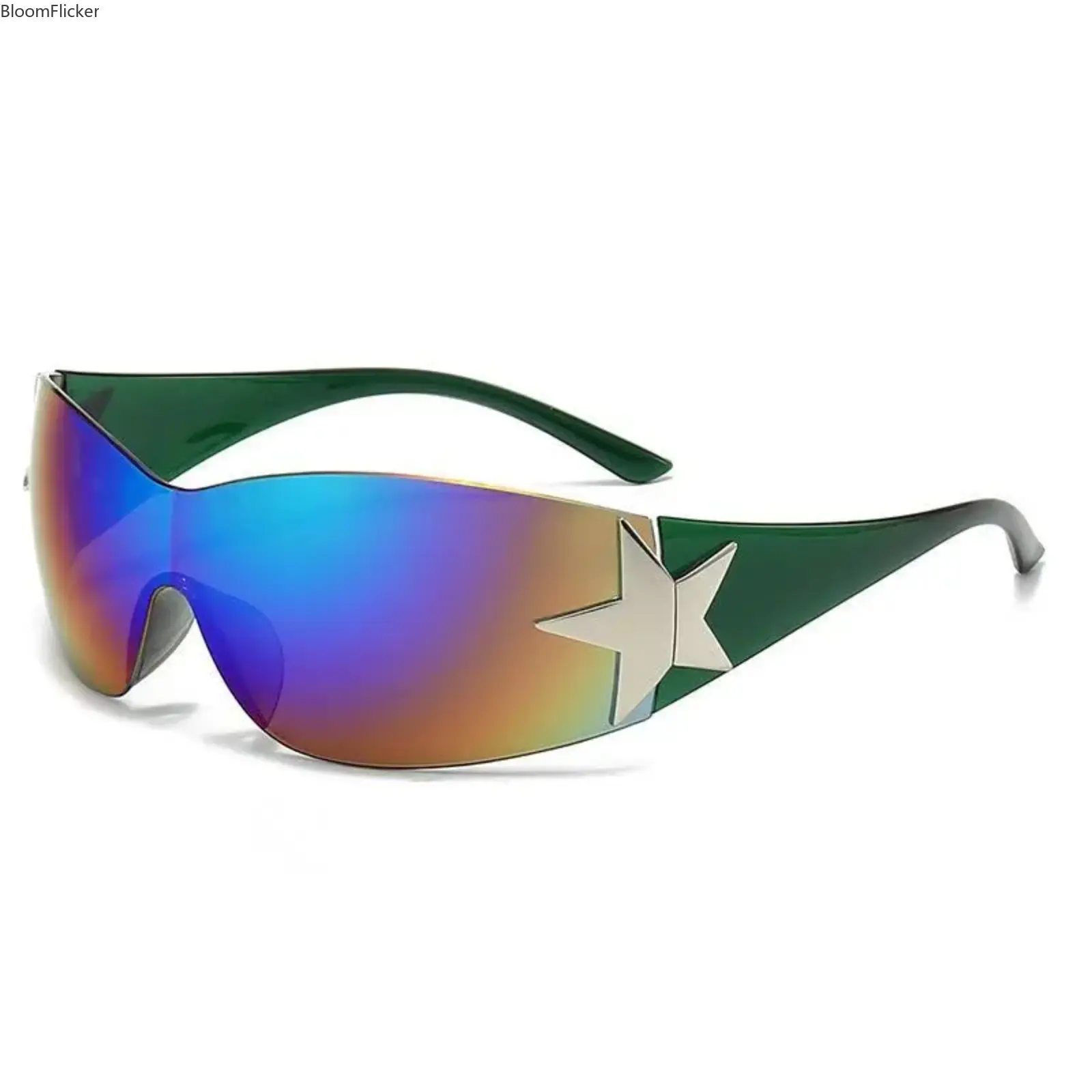 Y2K Rimless Punk Sunglasses with Star Details - Wrap-Around One-Piece Design for Men & Women Edgy Aesthetic for Urban Street Style UV Protection Non-Polarized Polycarbonate Lens