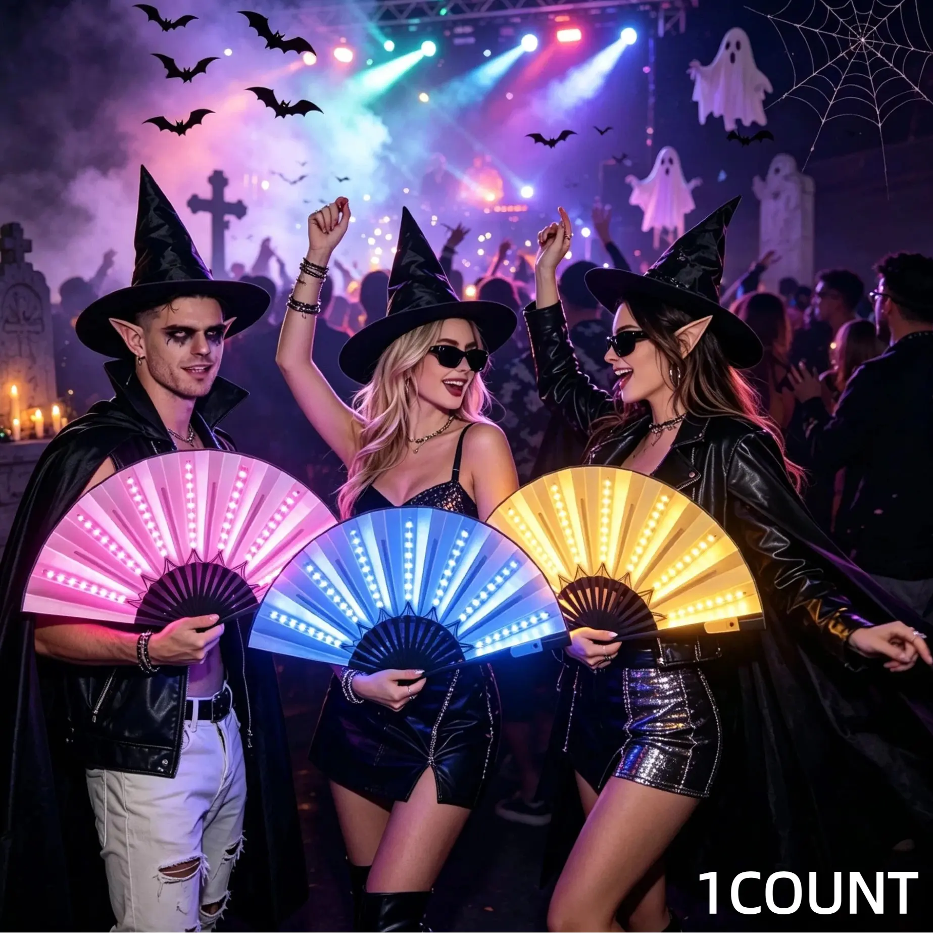 LED Light Up Folding Hand Fan with Steady Fast Slow Flash 3 Lighting Modes, Button Battery Powered Portable Glowing Fan, Viral Handheld Prop for Halloween Bar Club Music Festival Birthday Party Stage Performance Decor