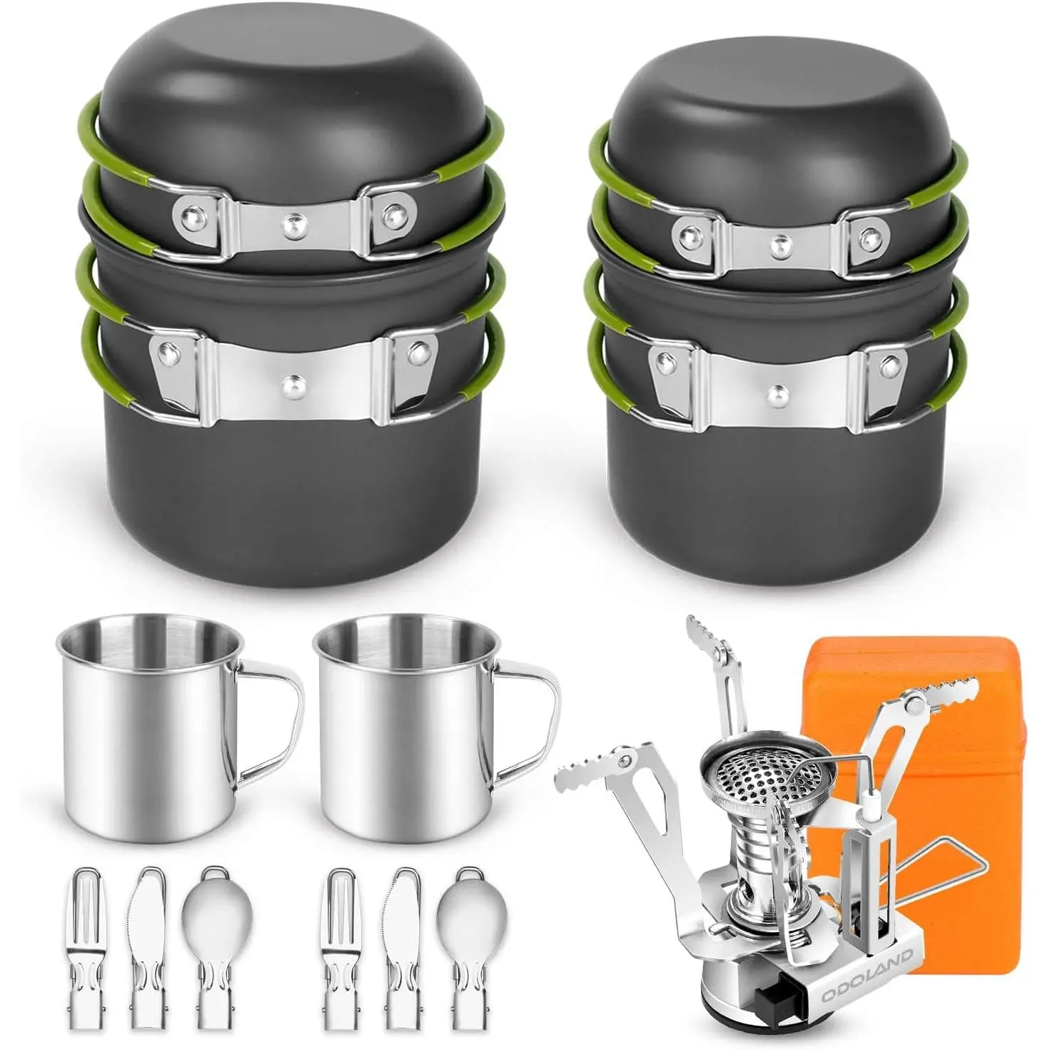16pcs Camping Cookware Mess Kit - Lightweight Pot, Pan, Mini Stove, 2 Cups, Fork & Spoon Set for Backpacking, Hiking & Outdoor Use (Baby & Maternity Outdoor Activity Gear), Utensil, Outdoor Camping