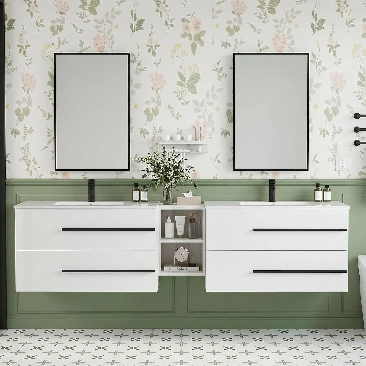 84 Inch Bathroom Vanity Double Sink, Modern Floating Bathroom Vanity with Sink & Large Storage Drawers, Wall Mounted Double Sink Bathroom Vanity for Bathroom, White
