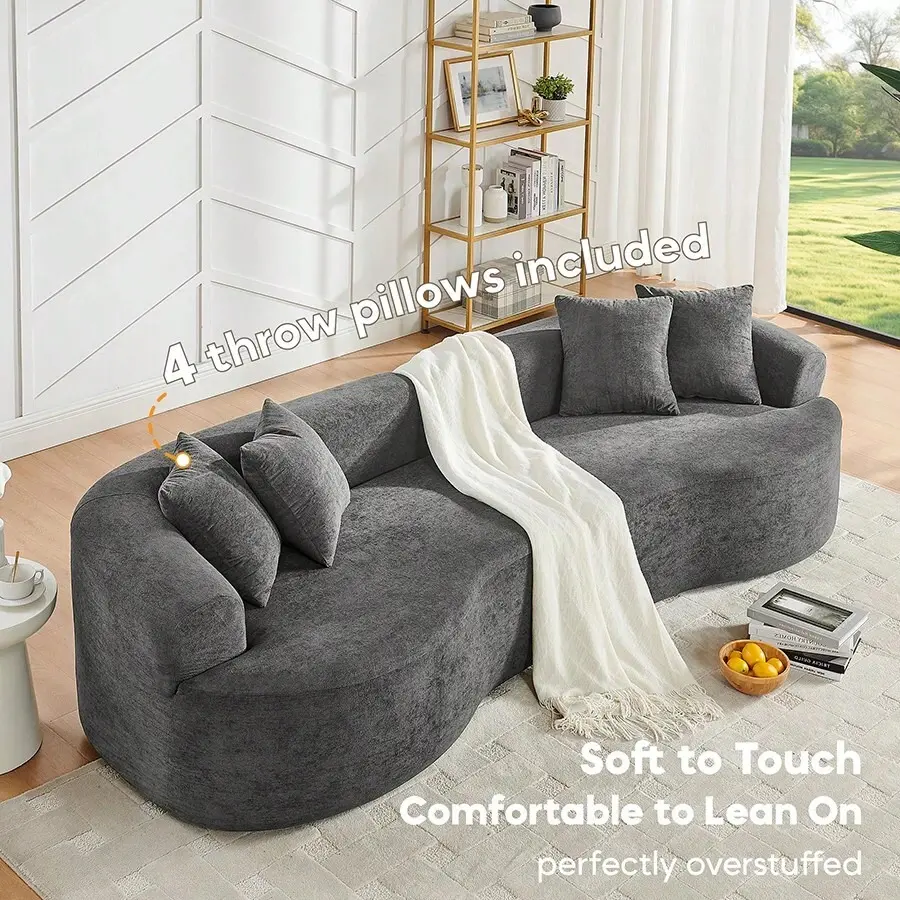 112" Modern Cloud 4-Seater Sectional Curved Sofa, Minimalist Compression Living Room Couch, Chenille Upholstered Oversized Fluffy Sofa With Deep Seat, Modular Cloud Couch Small Space, Plush Velvet-Like Soft Boneless Sofa