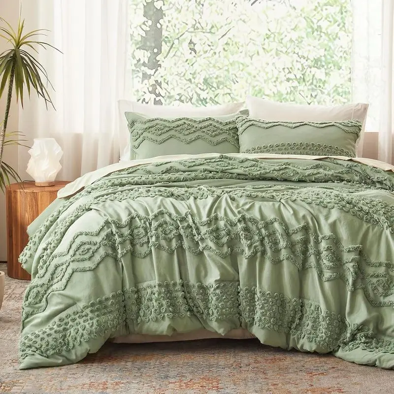 Sage Green Tufted Comforter Set Queen 3 Pieces, Boho Farmhouse Embroidered Bedding Set, Soft Textured Comforter, Shabby Chic Cozy Bed Set, All Season Lightweight Comforter