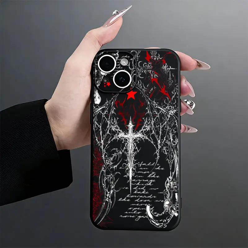 Red Star Thorn Gothic Pattern Phone Case，Dark Grunge Ornament Script Style for iPhone 17 16 15 14 13 12 11 Plus Pro Max, Edgy Fashion Decor Present