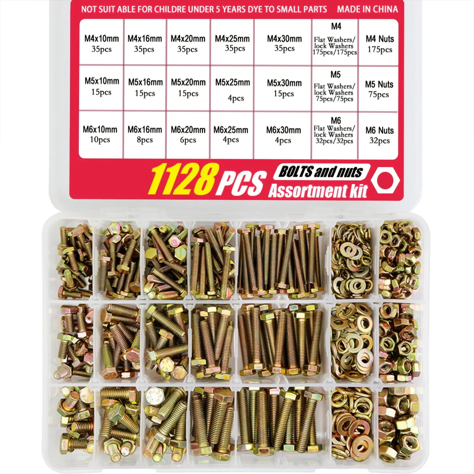 1128-Piece 8.8 Class Metric Bolts Nuts Washers Set - M4-M6 Millimeters Fastener Assortment Kit for Hardware Projects