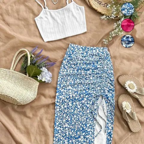 Women's Solid Knit Crop Cami Top, Straps, Ditsy Floral Print Skirt Two-piece Set, Sleeveless Set, Casual Boho Chic Fashion Cozy Breathable Two Piece Set for Daily Outdoor Wear, Beach Outfits Set, Ladies Clothes for Summer, Womenswear