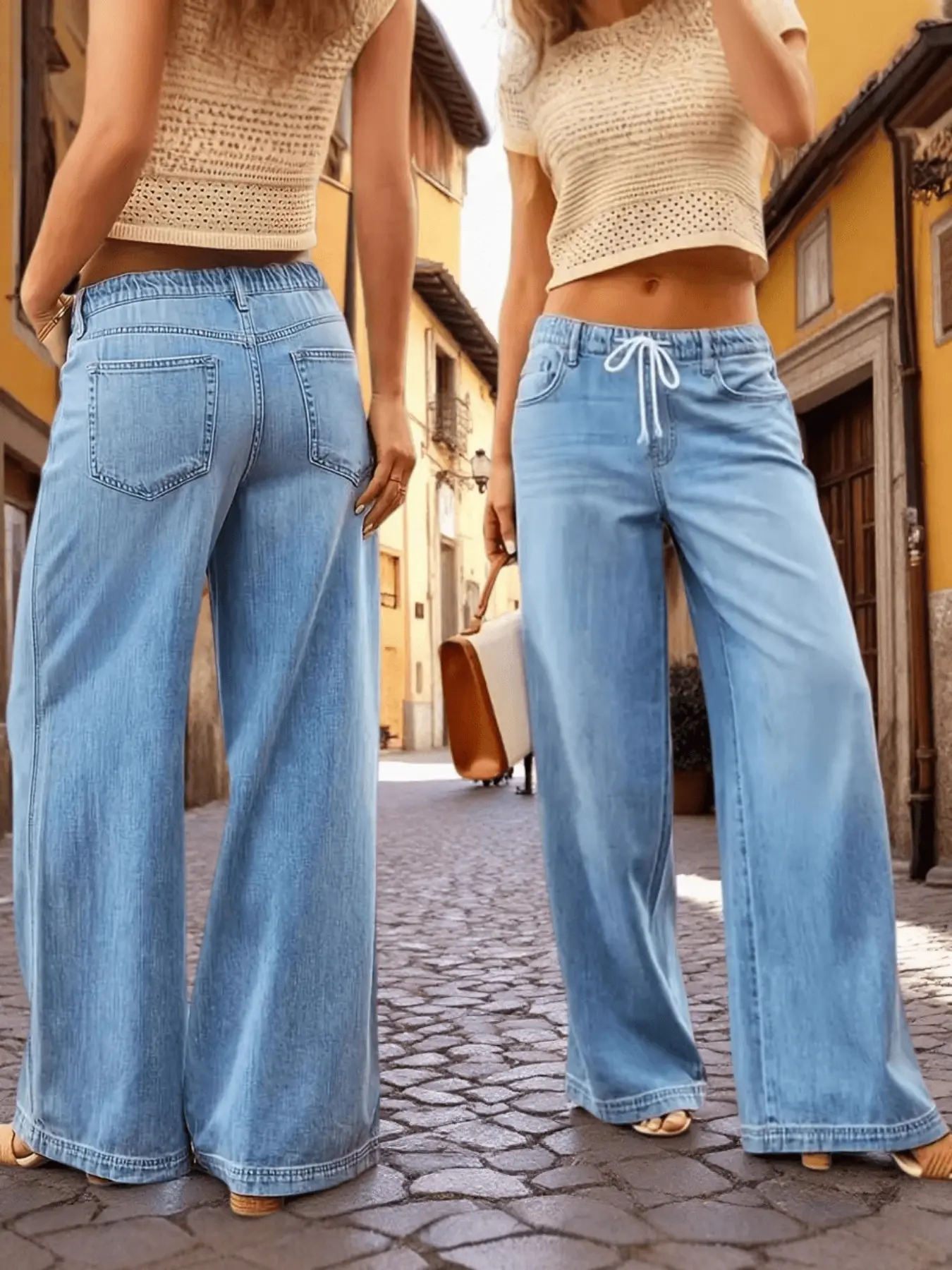 Women's Drawstring Waist Wide Leg Denim Cotton Jeans, Light Color Loose Fit Long Pants, Casual Daily Wear, All Seasons Essential