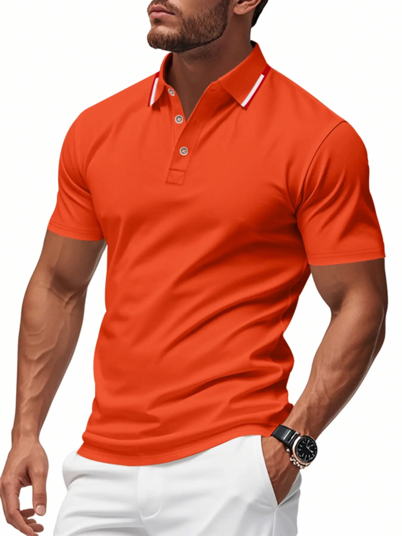 Men's Striped Ice Silk Polo Shirt, Solid Color Slim Fit Short Sleeve, Sporty Commuter Casual Versatile Polo Tee, Comfortable, Breathable and Stylish