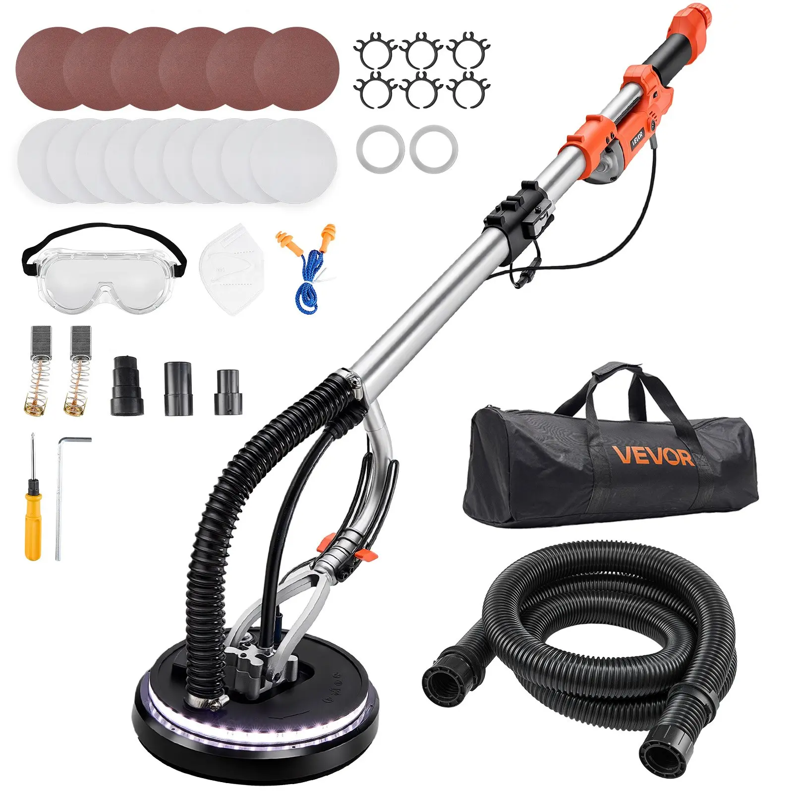 VEVOR Drywall Sander Extractor Tool, 1010W Electric Drywall Sander, Popcorn Ceiling Removal Tool with 7 Variable Speeds (1000-2200 RPM), Double-Deck LED Light, Foldable Extendable Handle, 15 Sanding Discs, Dust Hose