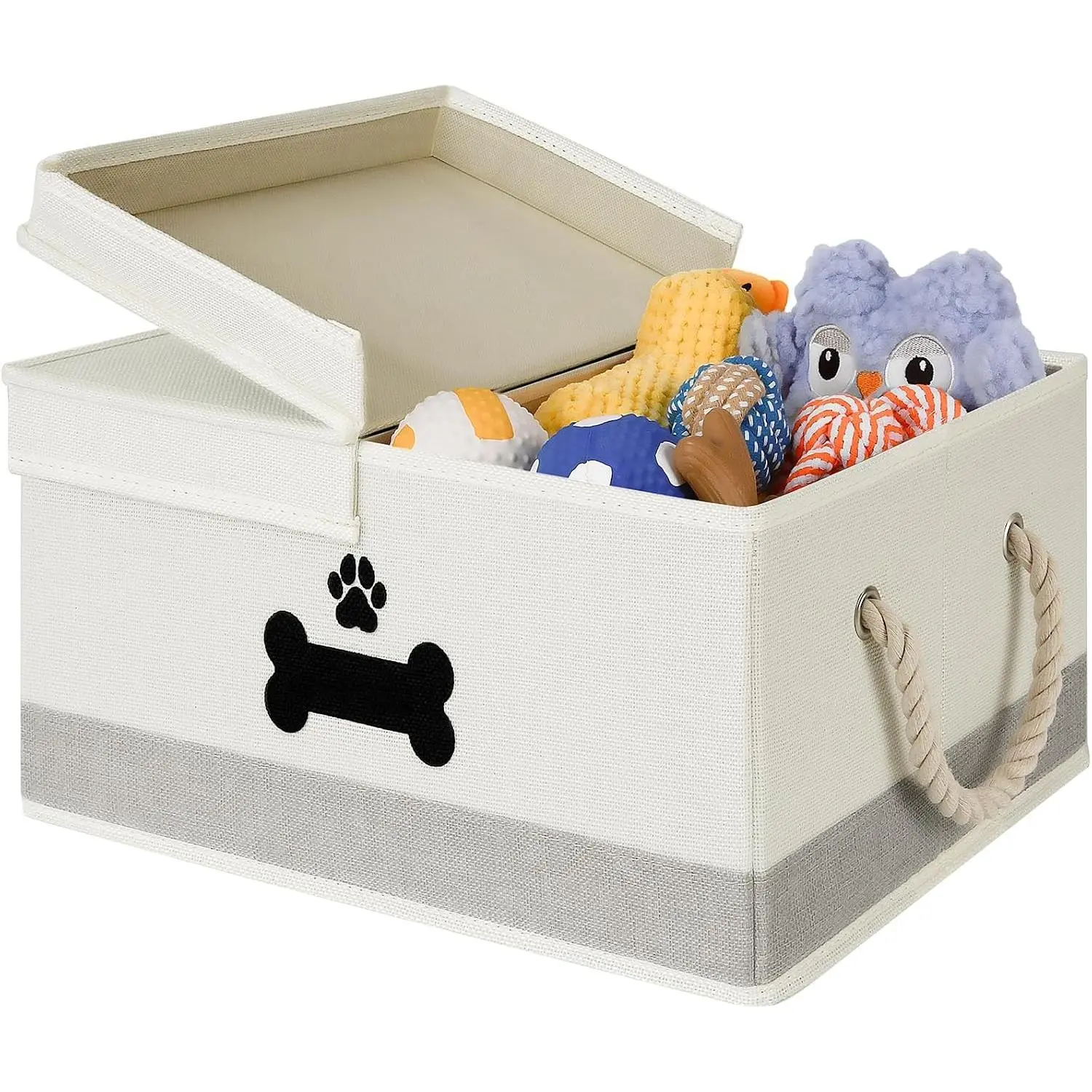 Dog Toy Basket with Double-Open Lid, Divided Storage Organizer with 2 Areas, Collapsible Pet Toy Box with Rope Handles, Beige & Gray