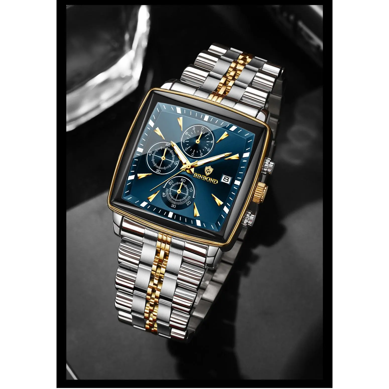Men's Modern Premium Multifunction Analog Quartz Watch (B911) - Metal Rectangle Case, Small Seconds Chronograph, Luminous Calendar, 30M Water Resistant, Stainless Steel Strap with Clasp, Coated Glass Protection, Dynamic Dial Layout
