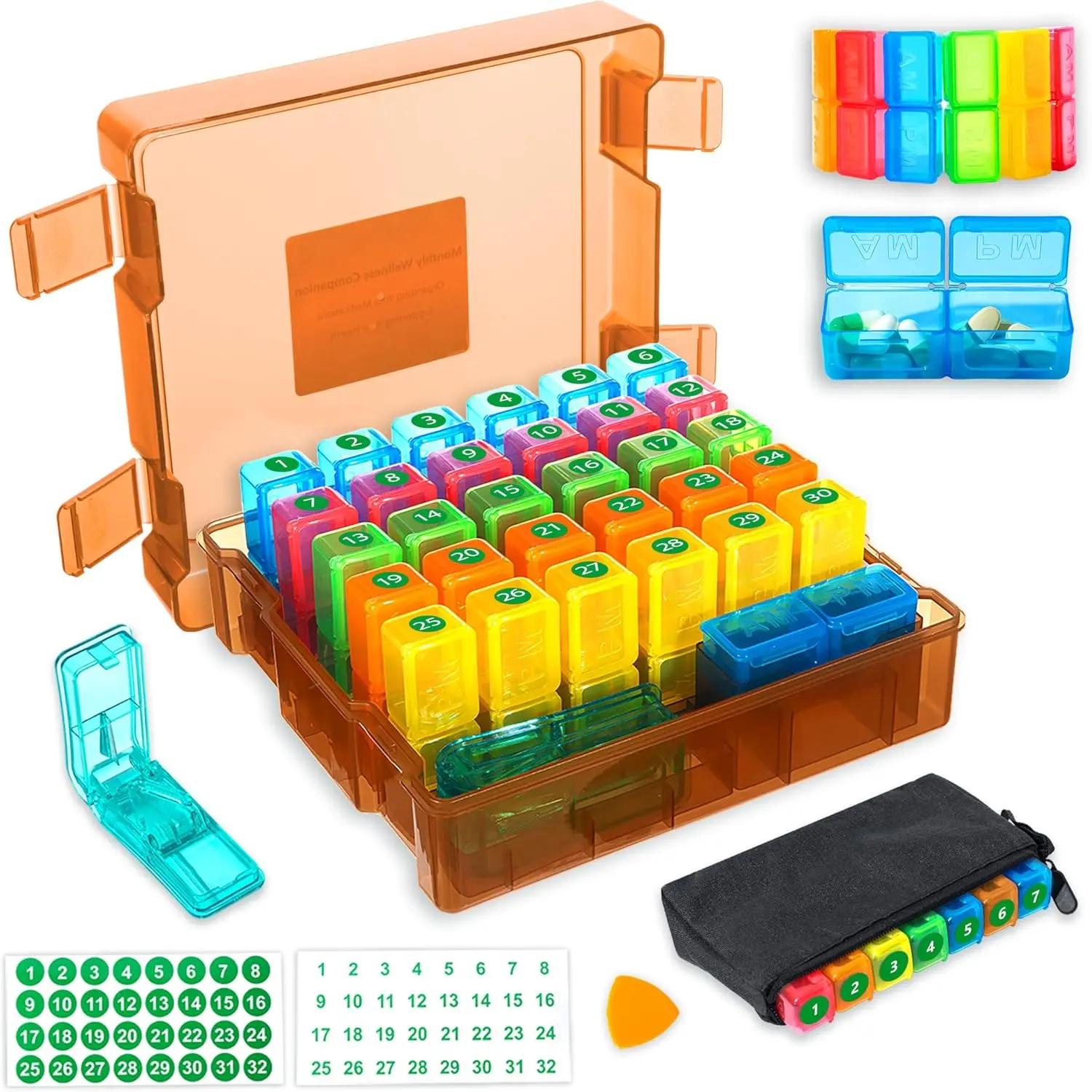 Compartmental 30-Day Pill Organizer - 2 Times a Day AM/PM, Food Grade Large Cap. Medicine Case with Weekly Bag, Labels & Pill Cutter, Portable Orange Home Storage Organizer