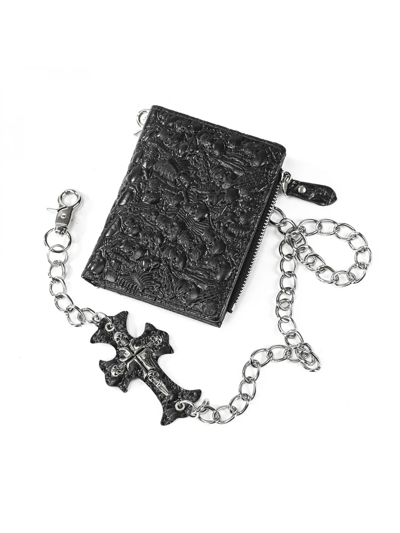 Gothic Punk Biker Wallet with Full Skull Embossed Pattern, PU Leather, Zipper Pocket, Cross Pendant Anti-Theft Chain, Detachable Metal Chain, Multi-Card Slots, for Motorcycle Riders, Streetwear Style