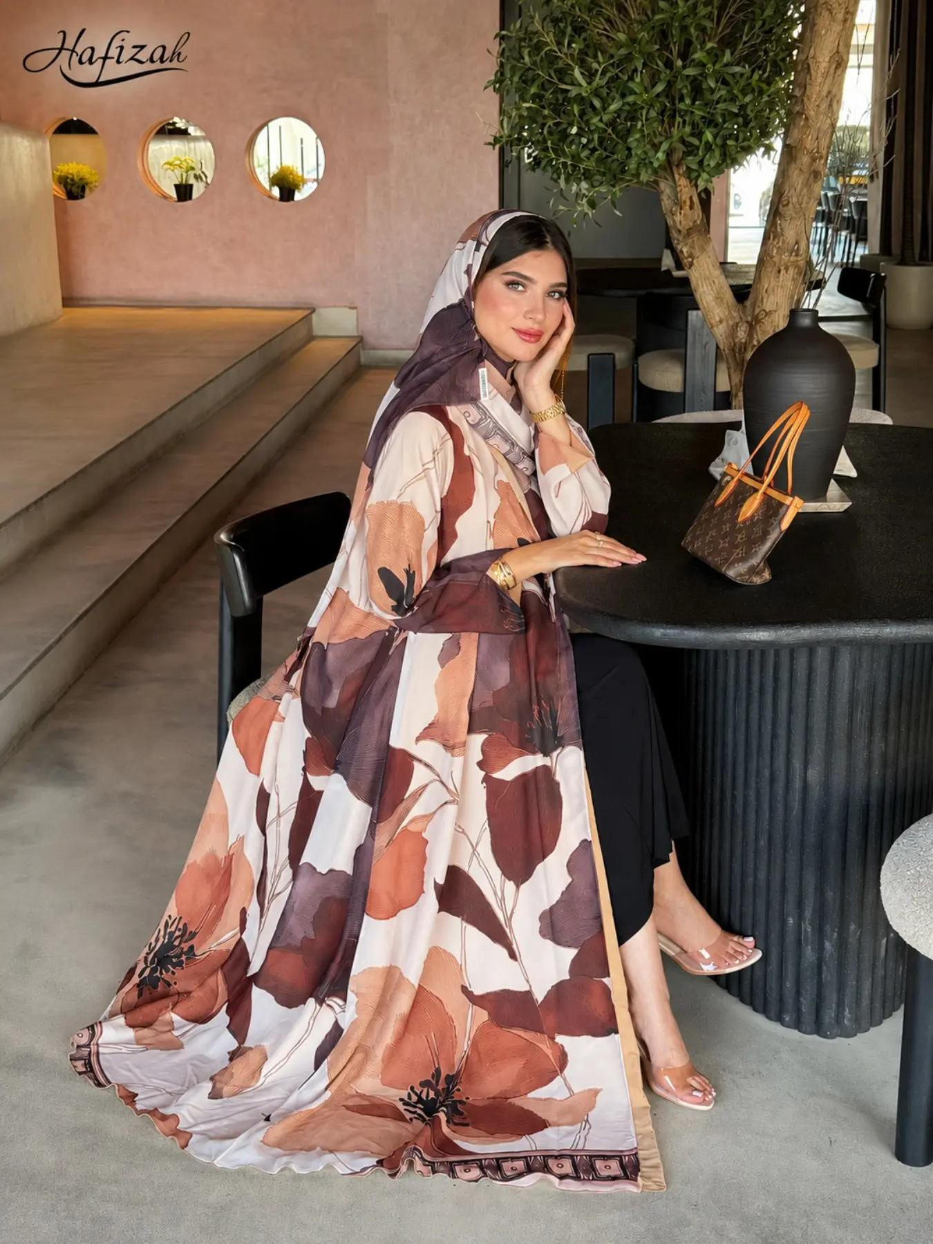 Women's Floral Print Muslim Abaya, Matching Headscarf Open Front Coat, Loose Fit Long Abaya Outerwear, Elegant and Stylish