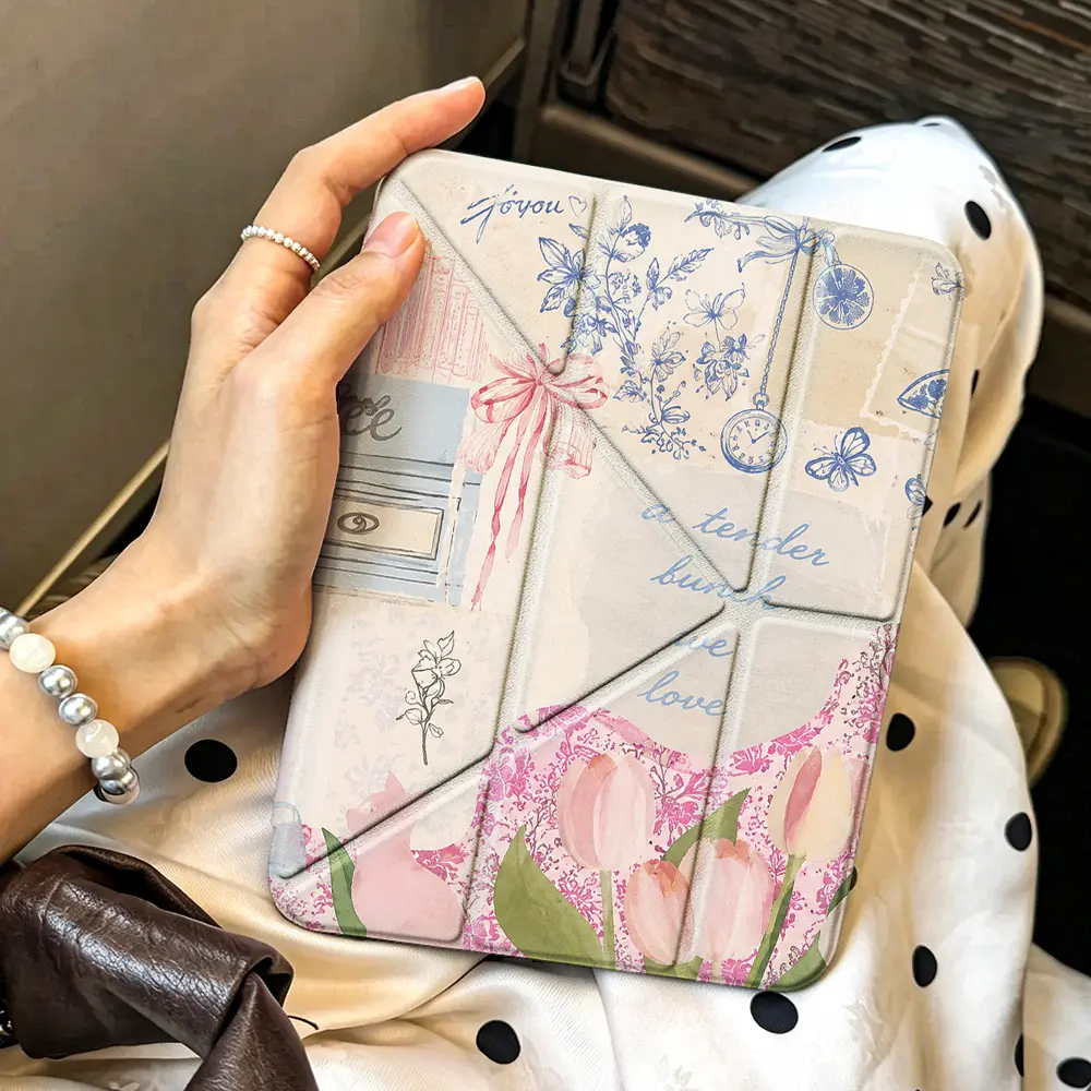 Yshaped Vintage Floral Collage Tablet Protective Case， Romantic Aesthetic Style， Compatible With Apple ipad 10th generation/IPAD Pro 13 2024/pro 12.9 2022/pro 11 2022/IPAD Air1/2/3/4/5/6th， With Pencil holder， Delicate Artistic Gift Idea
