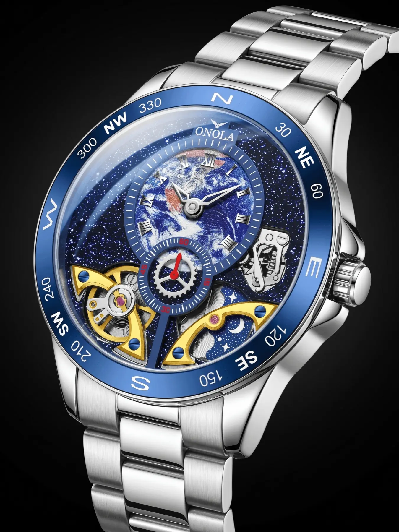 ONOLA Men Stainless Steel Automatic Watch, Fashion Luxury Business Wristwatch, Round Starry Earth Hollow Skeleton Dial Steel Band Compass Scale Creative Self Winding Mechanical Watches Elegant Decorative Wrist Watch For Daily Matching