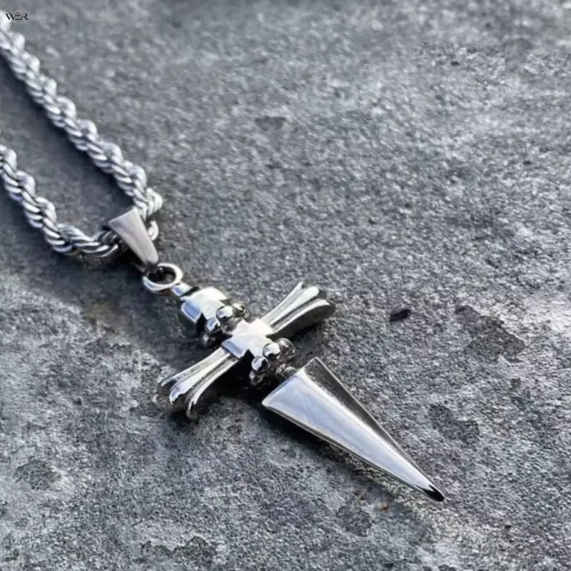 Sword Cross Pendant Twist Rope Chain Necklace 3 Finishes Stainless Steel Gunmetal Gold Silver 60cm Long Punk Gothic Men Women Hip Hop Street Fashion Neck Jewelry Gift
