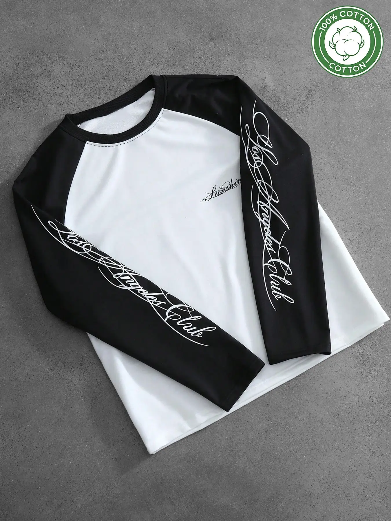 Men's Colorblock Raglan Sleeve T-Shirt, 100% Cotton Crew Neck Sweatshirt, Chicano Script La Club Print, Vintage West Coast Streetwear
