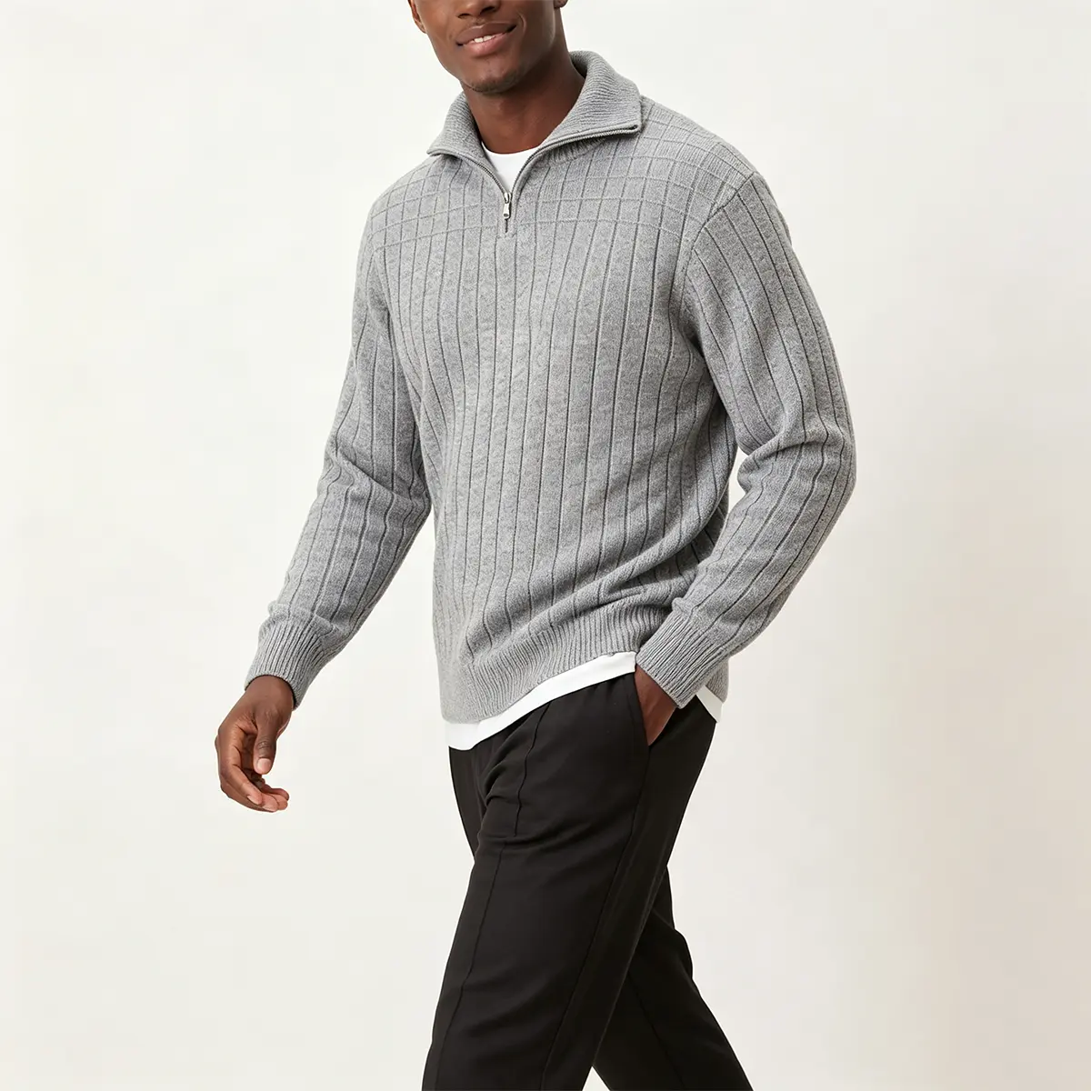 Men's Grid Rib Knit Quarter-Zip Sweater - Fitted Cut, Mock Neck, Medium Length, Solid Grey Long Sleeve, Machine Washable, Minimalist Old Money Style Top for Spring Autumn Business Wear