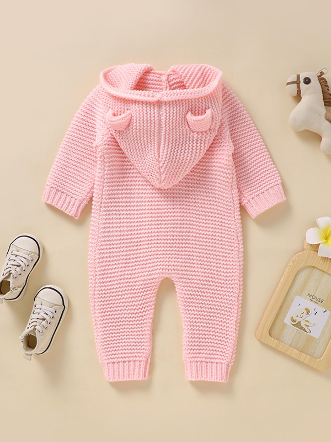 Baby's Solid Cable Knit Button-Front Hooded Sweater Jumpsuit, Cute Casual Long Sleeve Jumper Onesies for Newborn and Infant, Baby Clothing for Daily Wear
