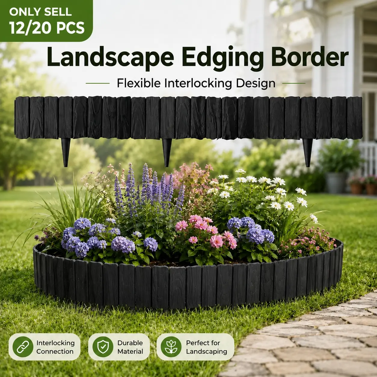 12/20 PCS Imitation Stone Garden Fence, New Edging for Landscaping, 2026 Upgrade Retaining Edging Border, No Dig Interlocking Plastic Landscape Border for Outdoor Yard Garden