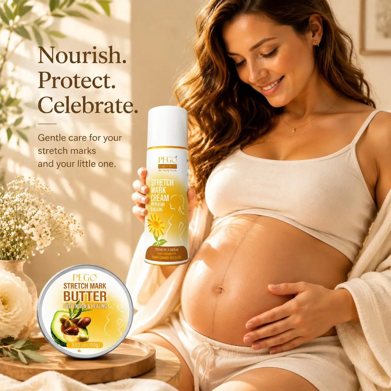 Pego Stretch Mark Massage Cream & Butter Set, Natural Sunflower & Avocado Moisturizer, Pregnancy Must Haves, Pregnancy & Postpartum Skin Care, Prevents & Repairs Stretch Marks