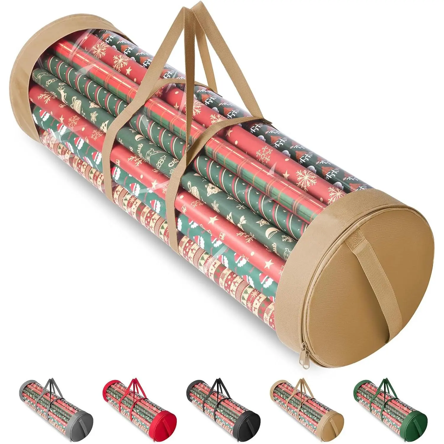 Christmas Wrapping Paper Organizer Storage, 41" Gift Wrapping Paper Storage Containers, Clear PVC with Durable 600D Oxford Fabric Gift Wrap Paper Holder Fits 18-25 Rolls, Golden