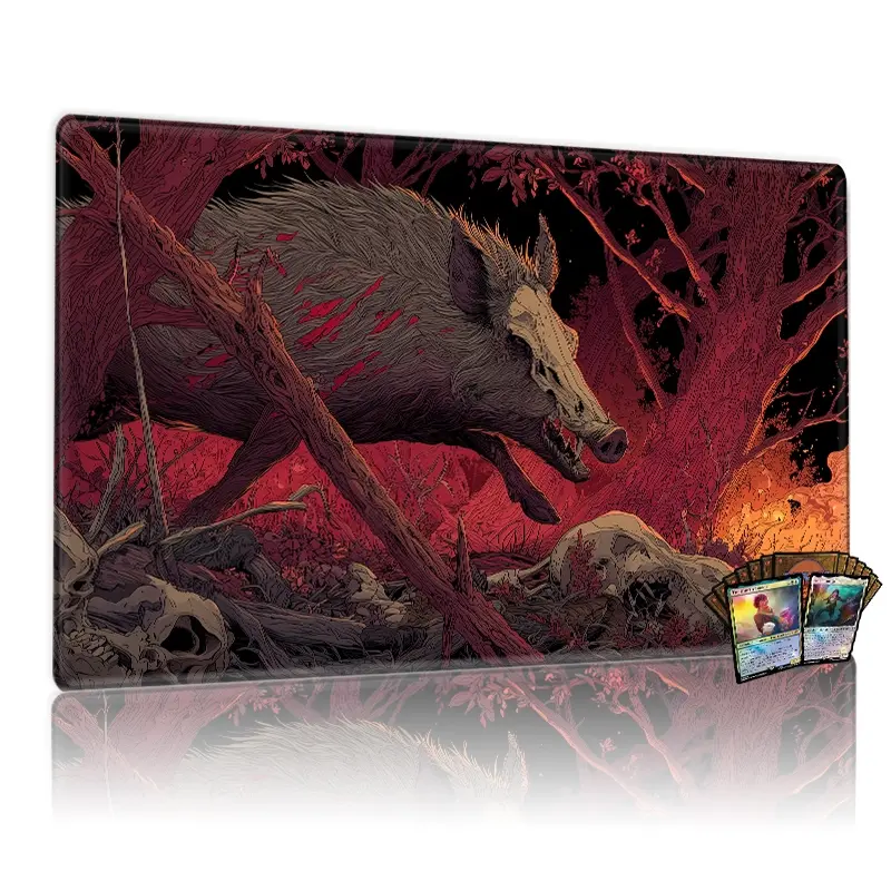 Horror Surreal Blood-Red Forest Skeletal Boar MTG Playmat - 12x24in Non-Slip, TCG Compatible Game Mat for Party Family Use, Perfect Gift for Card Game Enthusiasts