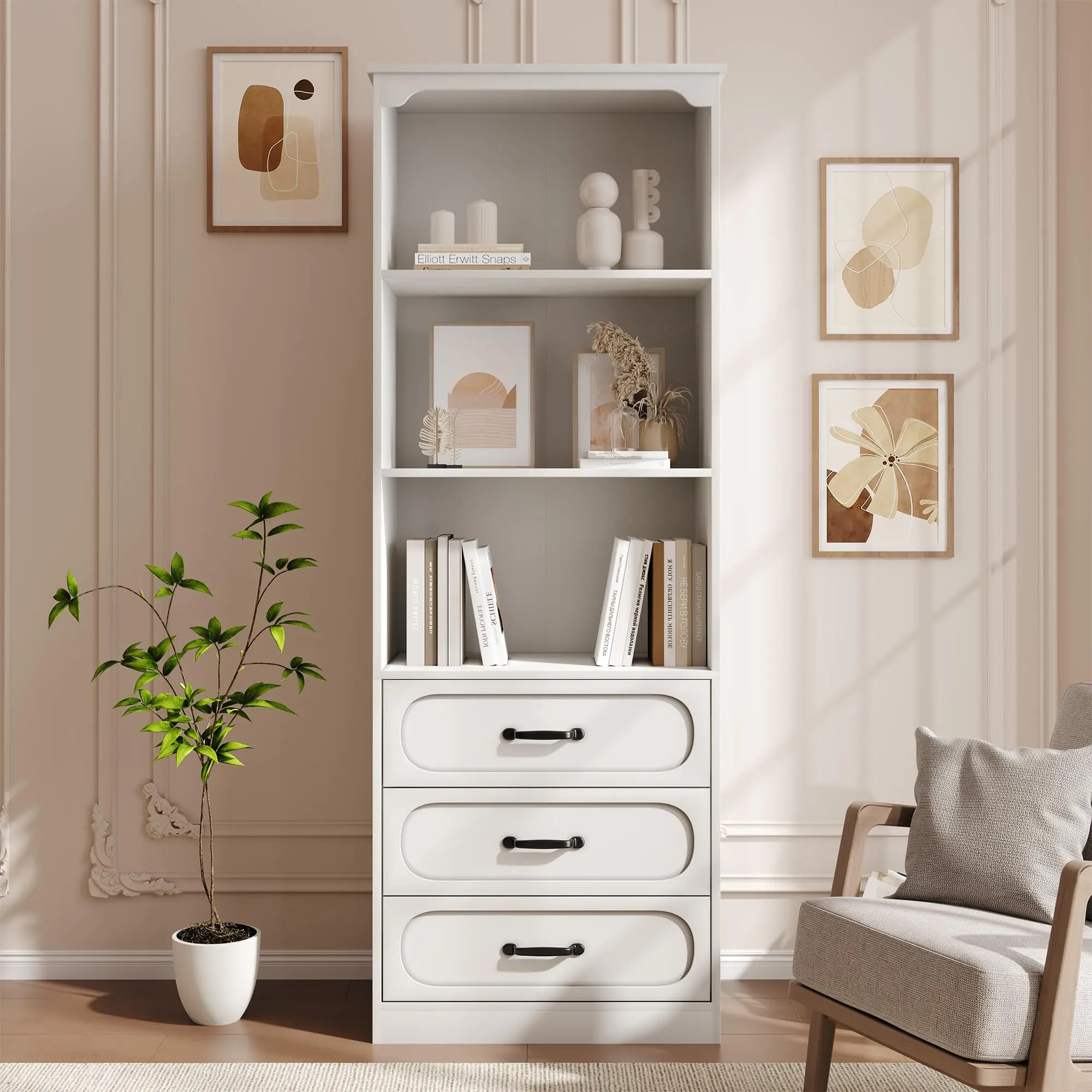 Bookshelf with 3 Drawers 70" h Tall Bookcase with 3Tier Open Shelves | Wood Bookcase with Adjustable Shelf Kitchen Pantry Storage Organizer Cabinets for Living Room, Kitchen, Bathroom