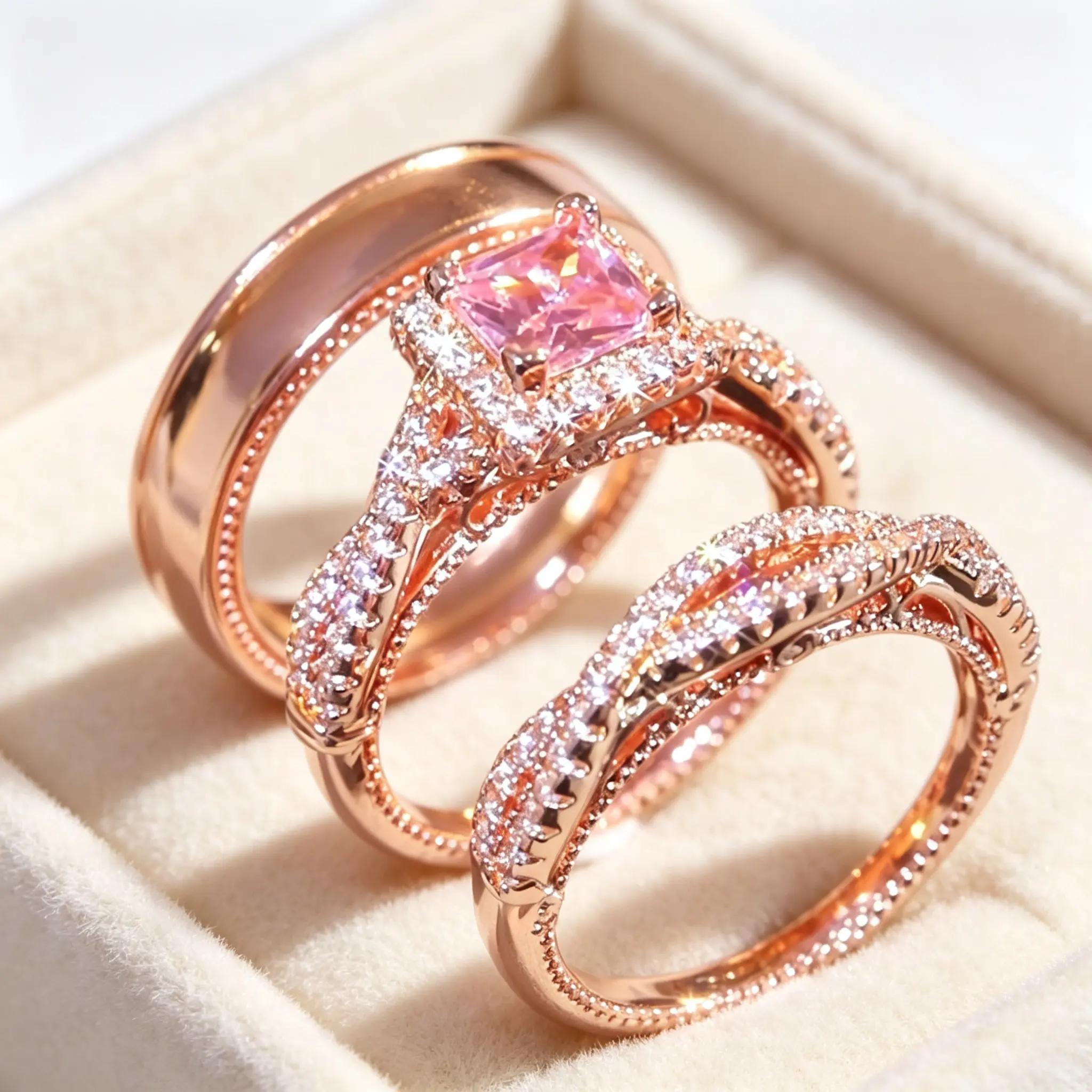 3Pcs Bridal Ring Set Princess Cut Stackable Wedding Engagement Rings for Women Men, Couple Matching Promise Rings, Valentine Christmas Jewelry Gift