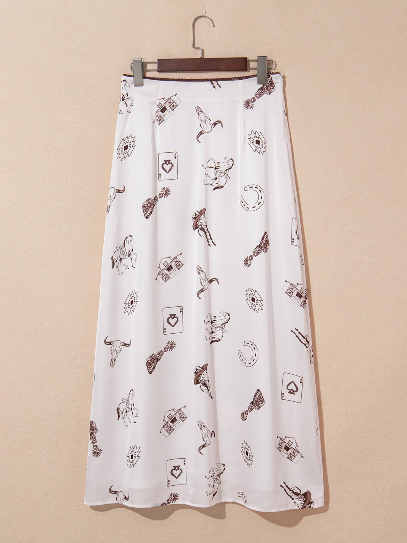 Women's Casual Western Style Satin Long Skirt, High-Waisted Fitted Print Design, All-Season Wearable, Perfect for Vacation & Daily