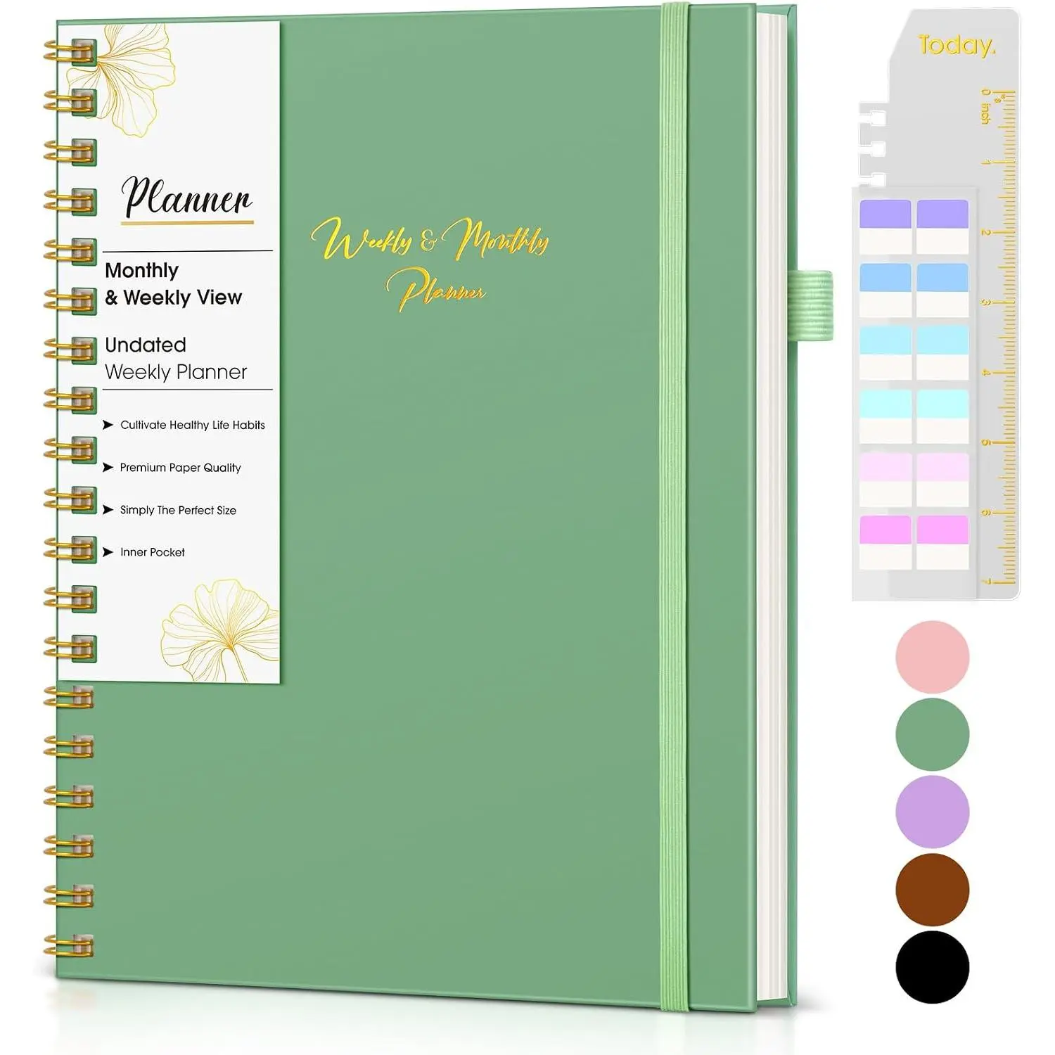 Undated Weekly and Monthly Planner, B5 Large Weekly  Notebook with Goal & Habit  Organizer, Hardcover Spiral Bound Blank Monthly Planner for Work School  7.4" x 9.64" Green