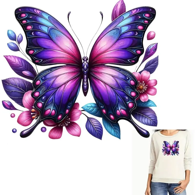 Purple Butterfly Floral Flower Leaf Iron On Transfers for T-Shirts Rub on Transfers Stickers Vinyl Ready to Press Stickers Iron on Decals for T-Shirts Clothing Hoodie DIY Crafts