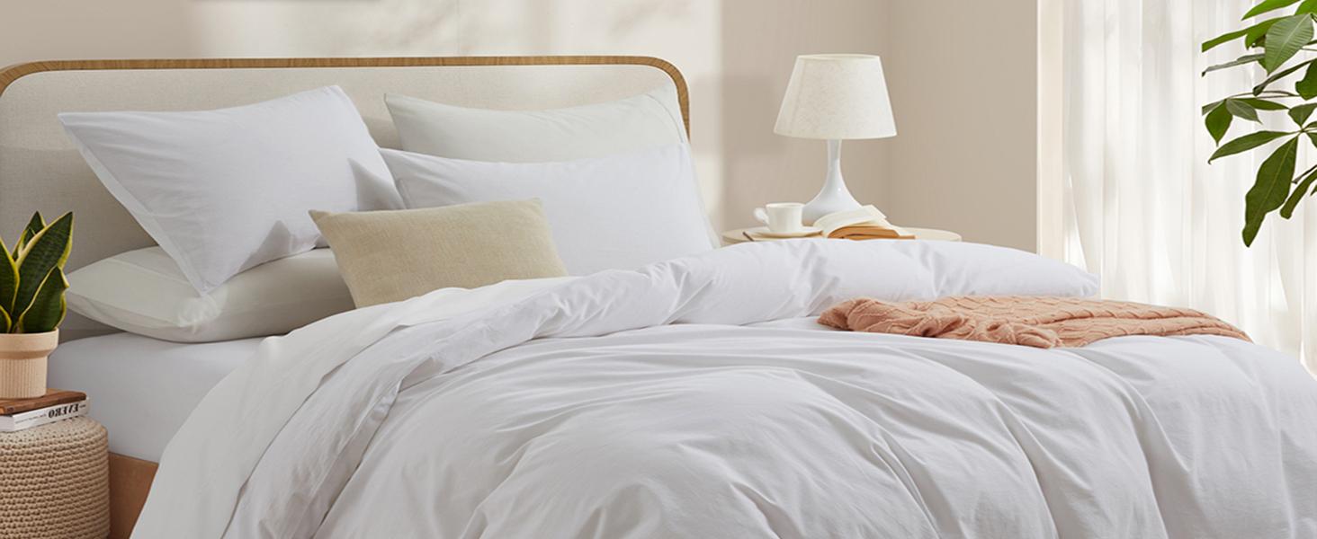 100% Washed Cotton Duvet Cover Queen Size, White Like Breathable Natural Bedding Set (No Comforter), 90x90 Inches
