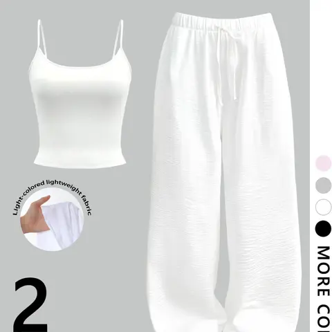 Women's Two-Piece Set, Solid Fitted Cami Cropped Top & Drawstring Waist Pants Bottoms Casual Cozy Outfit for Daily Wear, Women's Clothing for Spring and Fall, Fabric
