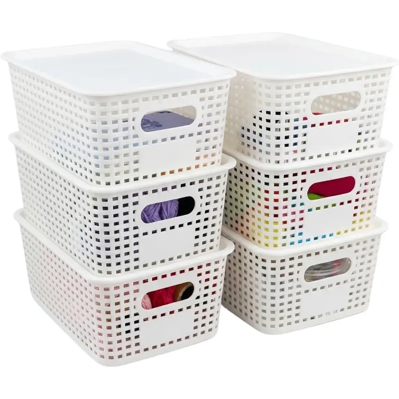Small Plastic Storage Baskets with Lids 6 Pack Stackable Organizer for Shelves Closet Craft Room Playroom Classroom Office White
