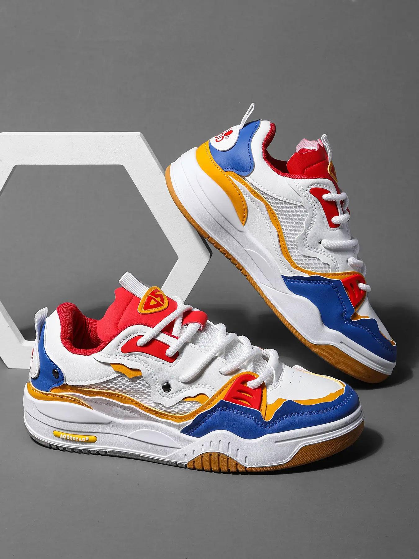 Men's Casual Thick Laces Skate Shoes, Letter Patched Design Low Top Skate Shoes, Contrast Mesh Design Platform Shoes