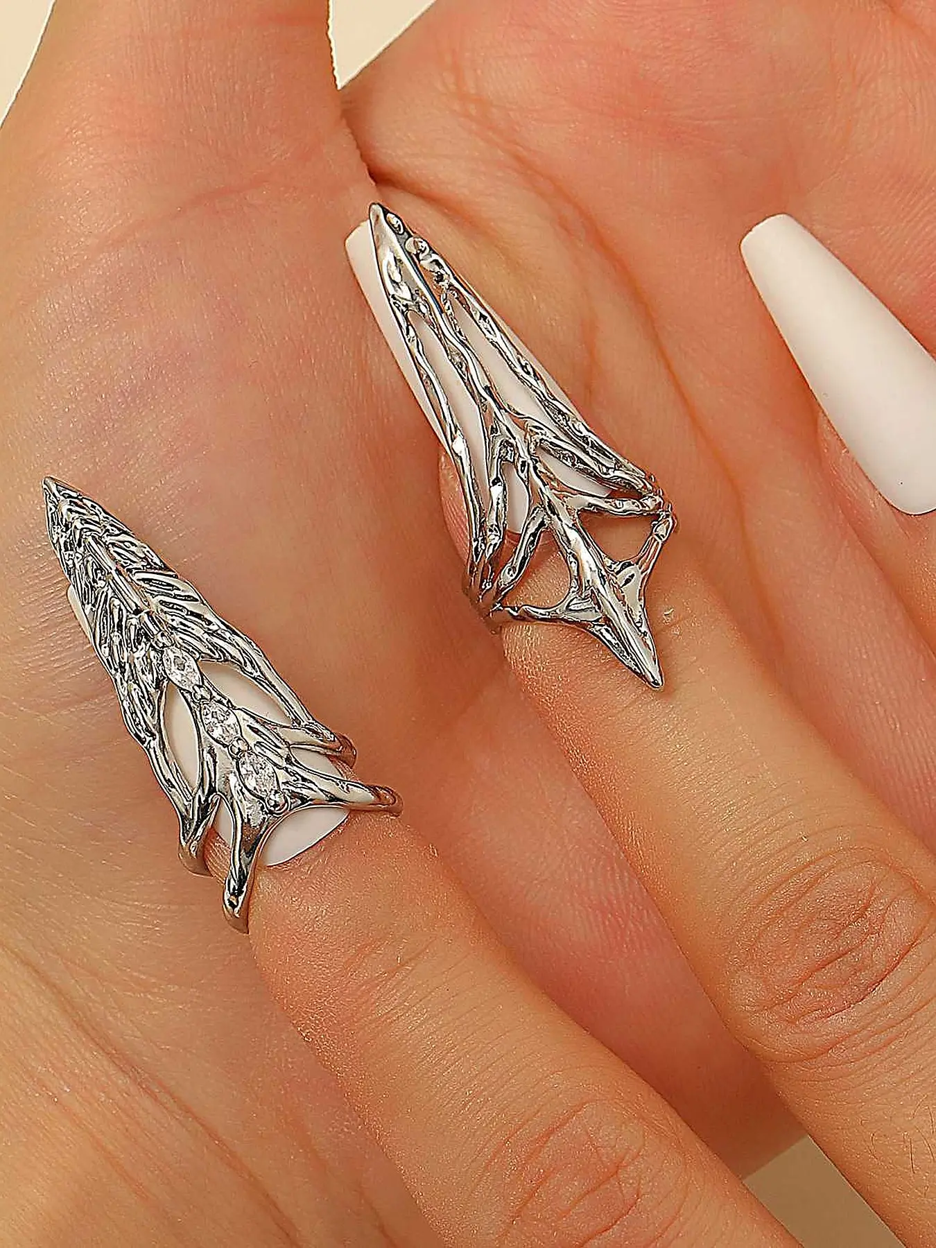 Silver Color Bone Sharp Nail Ring Set, Unique Personality Joint Finger Rings, Fashionable Accessories for Daily Wear