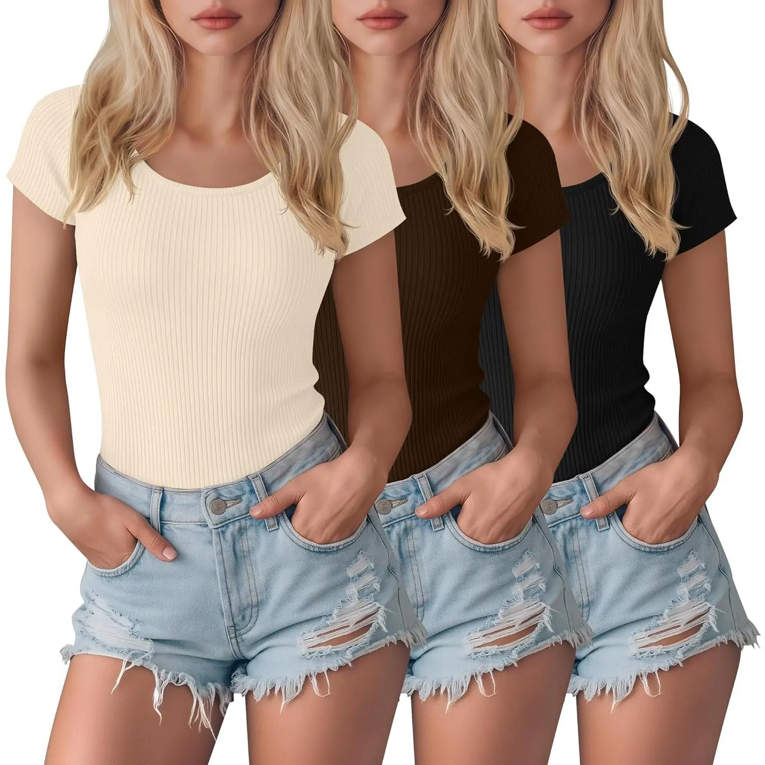 Women's 3-Pack Essential Ribbed Bodysuits - Short Sleeve Crew Neck Cotton Spandex Fabric Tops, Snap Closure, Slim Fit, 5 Sizes, Ballet Leotard, Comfy Knitted Soft Solid, Pair with Jeans Skirts Shirts Bottoms, Breathable Stretchy Casual