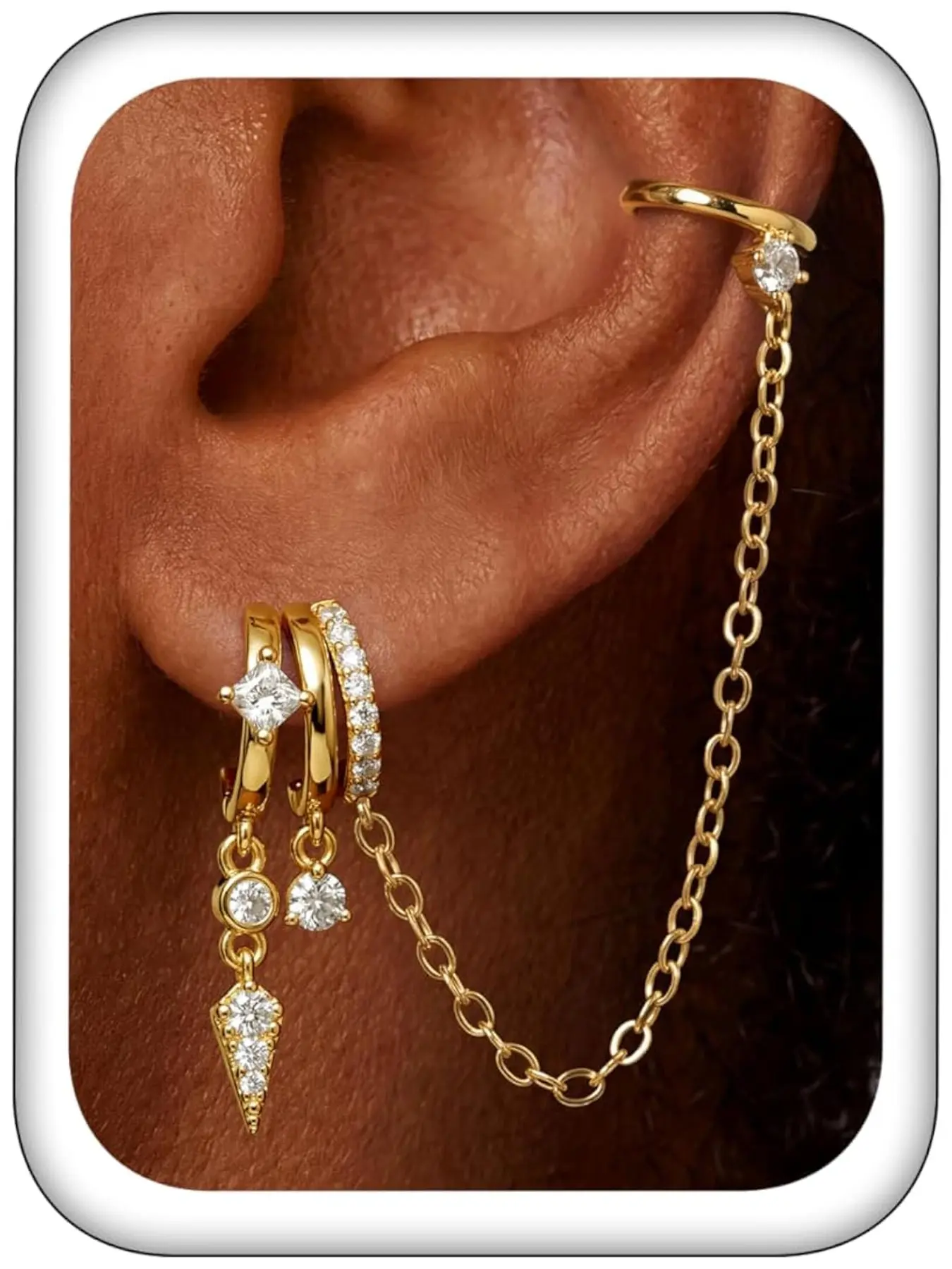 Triple Huggie Stacked Earrings for Women, Chain Drop Dangle Earrings, Cute Statement Cz Earrings, Trendy Dainty Jewelry Gift