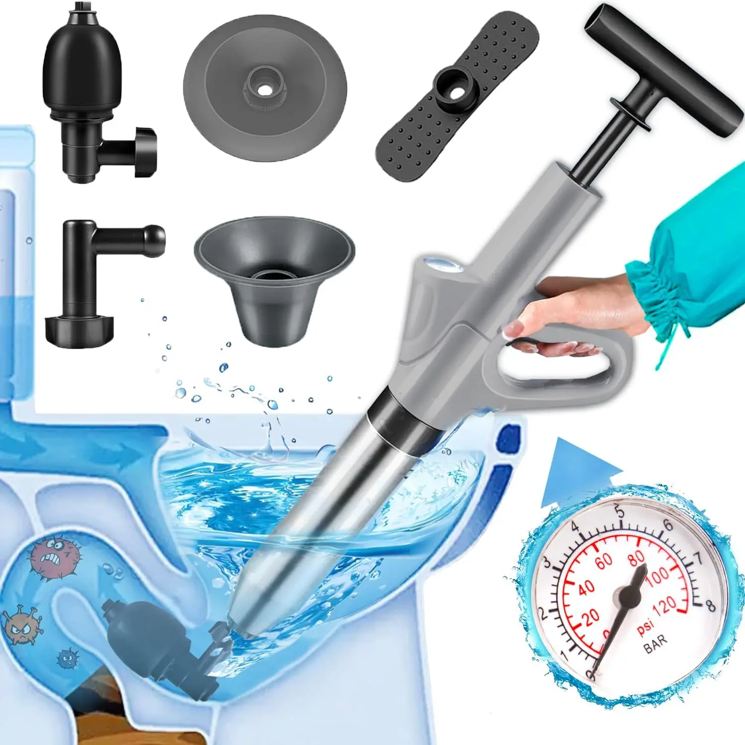 High-Pressure Air Pump Toilet Plunger, Drain Clog Remover Drain Blaster with Real-Time Barometer Drain Snake, Plumbing Unclogging Tools for Bathroom Sink and Toilet