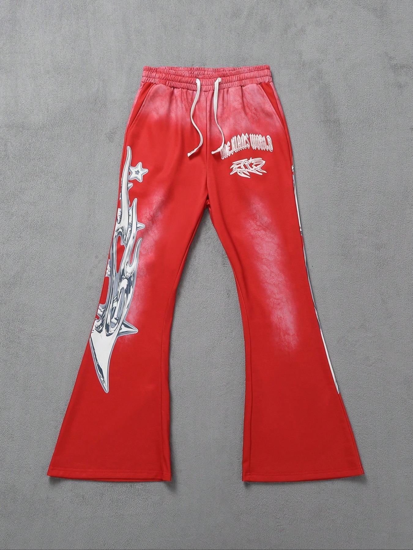 Men's Regular Fit Graphic Print Drawstring Waist Sweatpants, Street Fashion Casual Pocket Trousers for Daily Wear, Men's Bottoms for All Seasons, Flare Leg Pants, Casual Streetwear Trousers, Casual Street Style