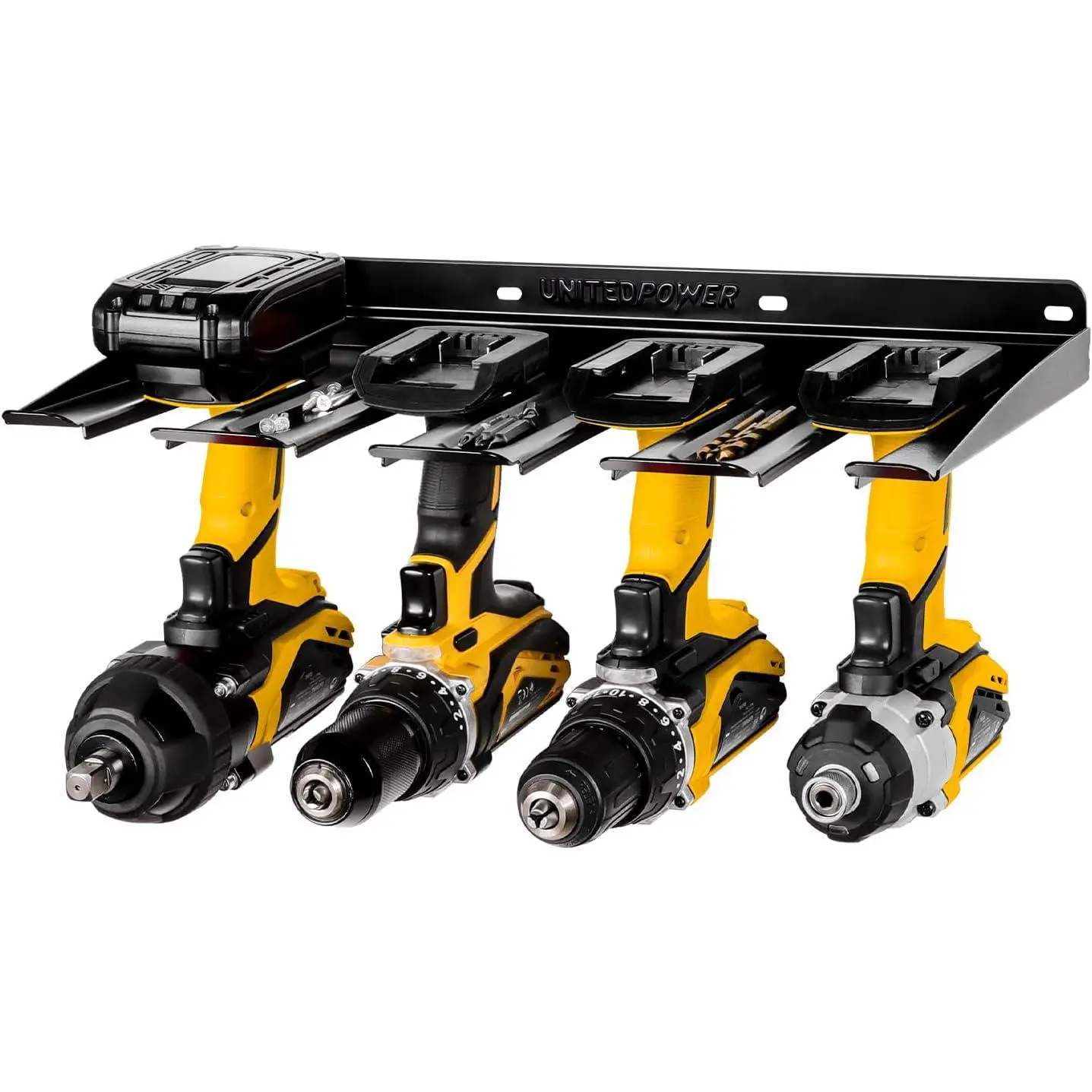Drill storage rack, can hold 4 drills, wall-mounted power tool storage rack, suitable for battery-powered hand tools, suitable for workshops, sheds, garages, and homes (drill rack)