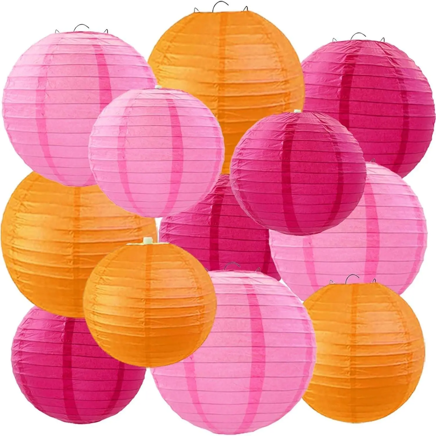 12Pcs Pink, Orange & Hot Pink Hanging Round Paper Lanterns - Decoration for Graduation, Baby Shower, Wedding Events