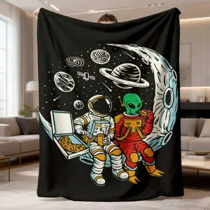 2026 New Flannel Blanket YWJHUI Reversible Throw Blanket Featuring An Astronaut And Alien Space Theme With A Modern Digital Print, Soft And Warm For Napping On Couch, Sofa, Office Bed, Camping, Travel, And Versatile Use