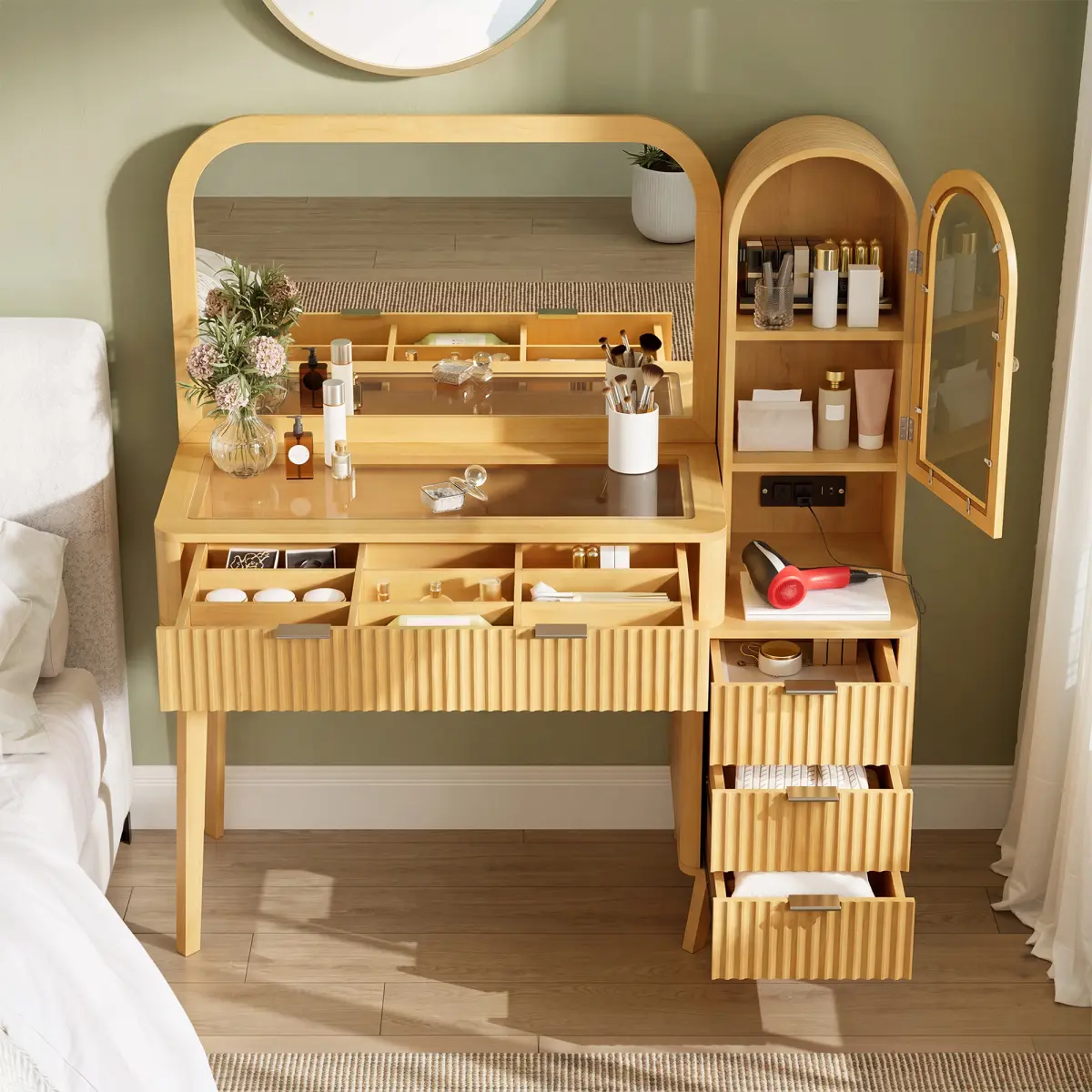 [Bellemave] 48" Fluted Makeup Vanity Desk with Large 32" Mirror, Modern Glass Top Big Dressing Table with 4 Drawers & Storage Cabinet, Charging Station for Bedroom, Natural